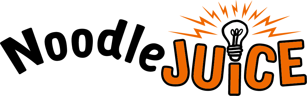 Noodle Juice logo using full words, not just first letters with a lightbulb replacing the dot on the I of juice